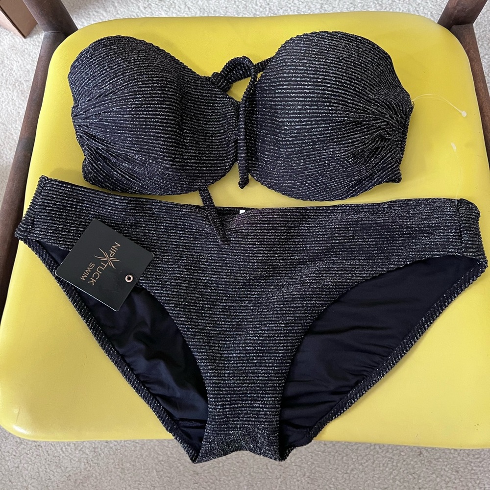 NWT NipTuck Swim 2 piece black and silver with removable straps. 12